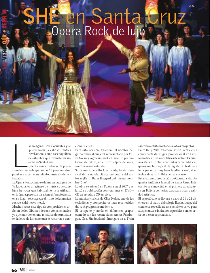 Nota de Revista VE titulada SHE en Santa Cruz, Ópera Rock de lujo